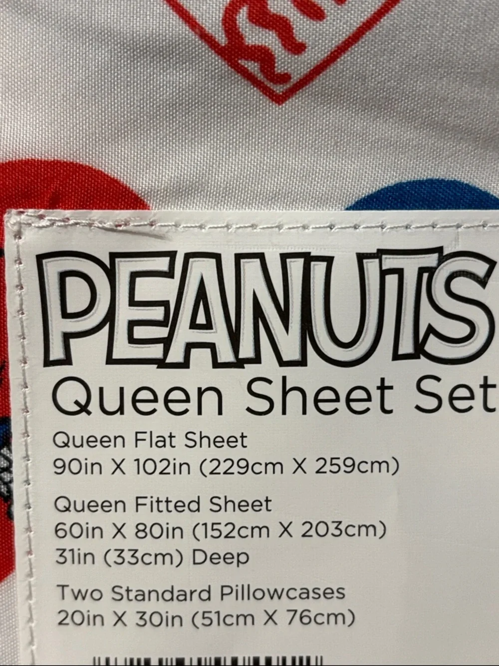NEW Peanuts Snoopy Queen Sheet Set Red, Blue & White Heart Baseball Print